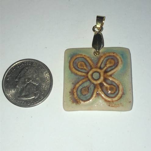 Vintage Gold Tone Floral Ceramic Stone Boho Square Chunky Pendant