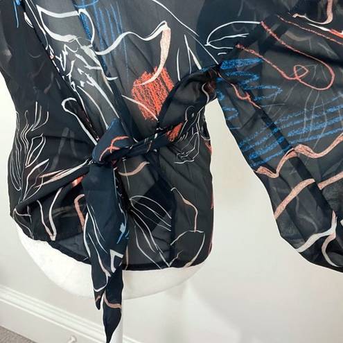 Stylestalker Floral Print Sheer Chiffon Bell Sleeve Wrap Blouse Navy Size Small