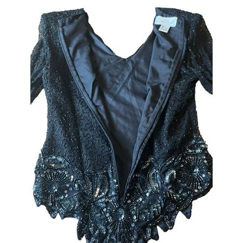 Laurence Kazar  Black Silk Beaded Blouse Shirt Top Evening Size Small Luxury