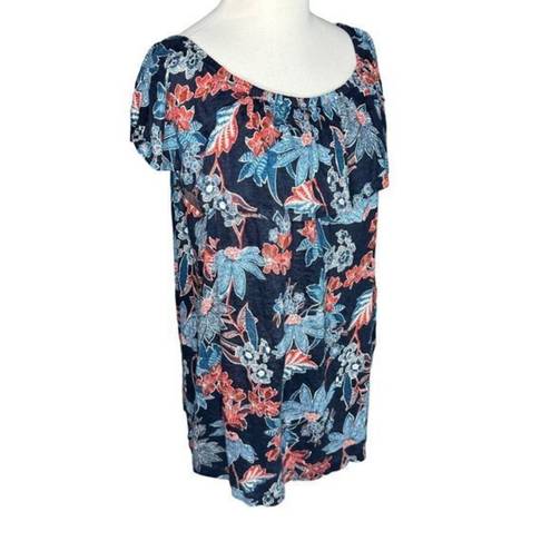 J.Jill  Love Linen Sarasa Womens Ruffled Tropical Print Top‎ Navy Blue Size Large