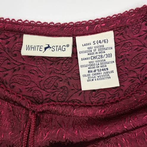 White Stag Vintage Cranberry Red Satin Peasant Blouse Jacquard Paisley Size S 