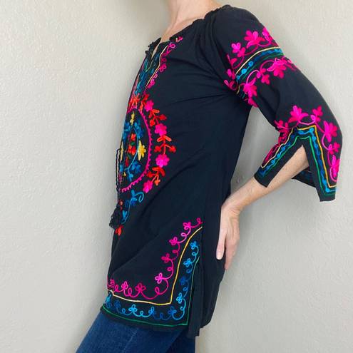 Shoreline Mexican Floral Embroidery Black & Colorful Blouse