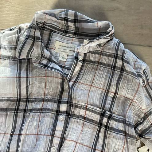 Treasure & Bond  Plaid Top Small White Navy Button Down Women Casual Shirt NWT