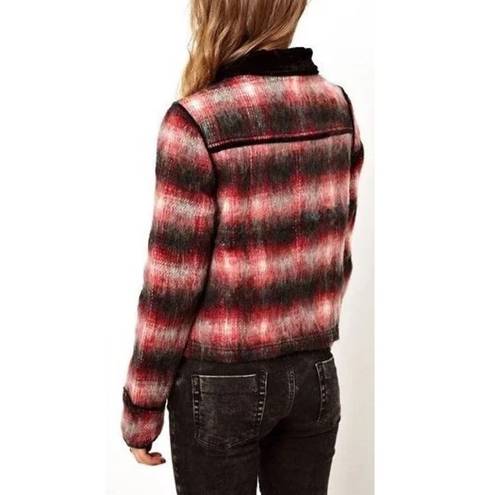 Free People  Red Wooly Officer Plaid Wool Blend Jacket