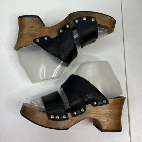 Candie's Vtg 1980's  Size 7 Platforms Sandals Black Leather Wood Chunky Heels Stud