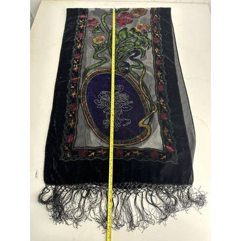 Black Velvet Floral Roses Silk Velour Sheer Table Runner Scarf Wrap