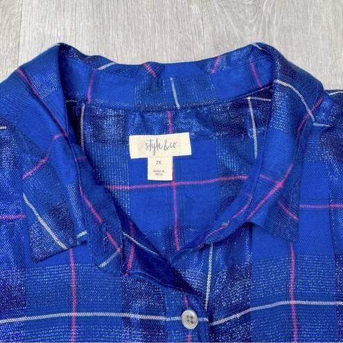 Style & Co Women's Plus Size Metallic Blue Plaid Button Down Shirt 2X
