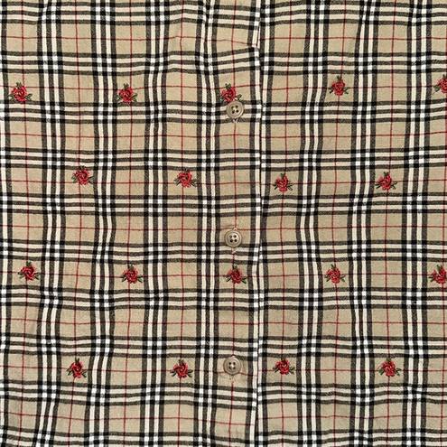 Polo VTG TAN & BLACK GINGHAM PLAID EMBROIDERED ROSE BUTTON UP 