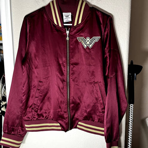 DC Comics Wonder Woman Satin Bomber Jacket Maroon Gold  Embroidered Size M