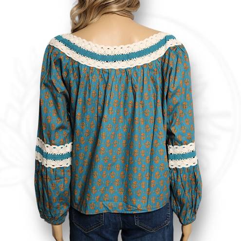 Luna  Moon Crochet Boho Peasant Printed Long Sleeve Blouse Teal Blue Size XL