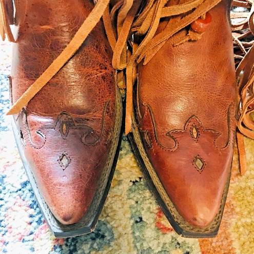 Dingo  Brown Leather Cassidy Cowboy Western Fringed Braided Wood Beads Boots 8