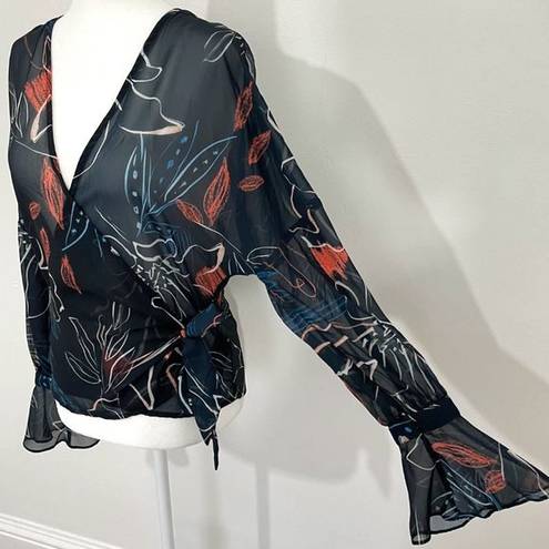 Stylestalker Floral Print Sheer Chiffon Bell Sleeve Wrap Blouse Navy Size Small