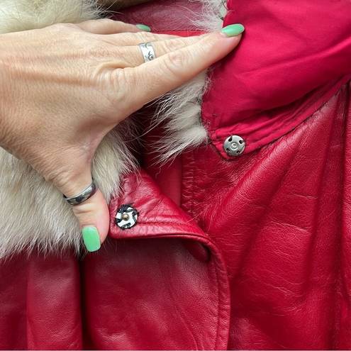 ma*rs Vint 60s 70s Red Leather & Silver Fox Fur Collar  Claus Christmas Trench Coat