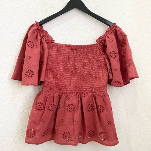 Q+A Los Angeles Spiced Brick Eyelet Smocked Peplum Bell Short Sleeves Top Size M Size M