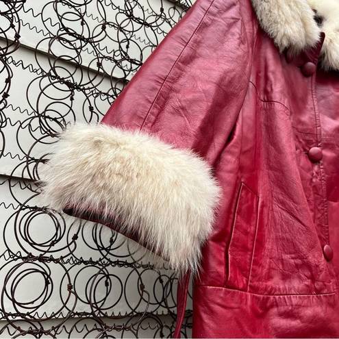 ma*rs Vint 60s 70s Red Leather & Silver Fox Fur Collar  Claus Christmas Trench Coat