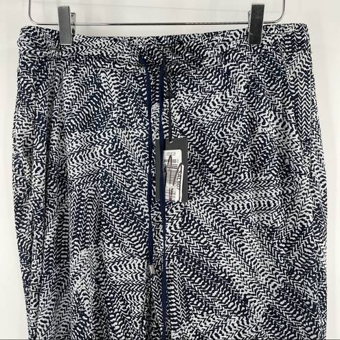 DKNY  Straight Leg Drapey Pants Printed Tie Pull On Navy Blue Ikat NWT SZ Medium