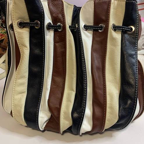 Vera Pelle  ITALIAN LEATHER..BROWN & BLACK & TAN & WHITE STRIPE BUCKET  BAG