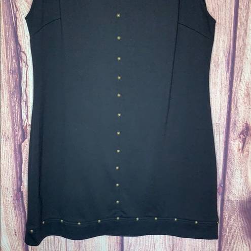 Sharagano cap sleeve black shift dress with gold stud detail