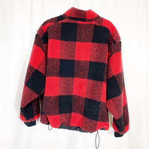 American Eagle  Oversized Sherpa Fleece Snap Pullover Jacket Buffalo Plaid Red