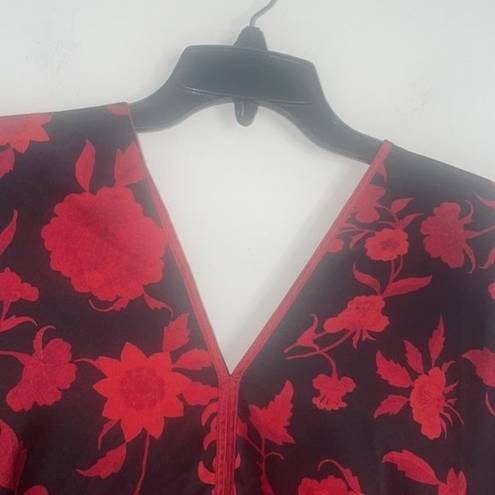 Natori red and black kimono V-neck floral caftan dress lagan look casual