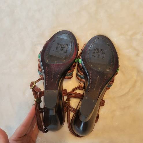 Frye  Colette Braided T-Strap Leather Sandal Wedge Size 9