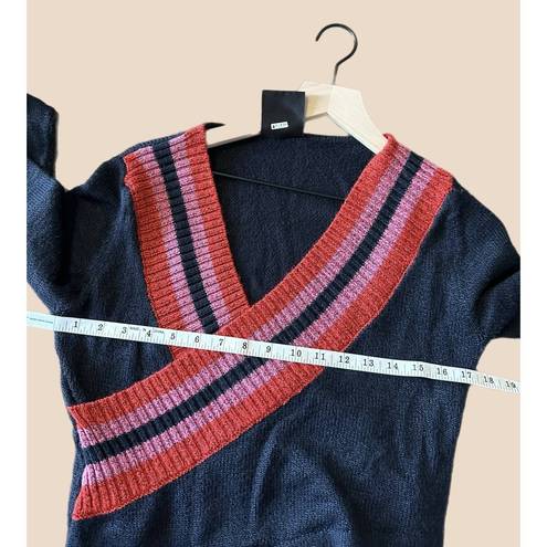 C/MEO COLLECTIVE  Long Sleeve V-Neck Crossover Sweater - Stripes - Navy Multi