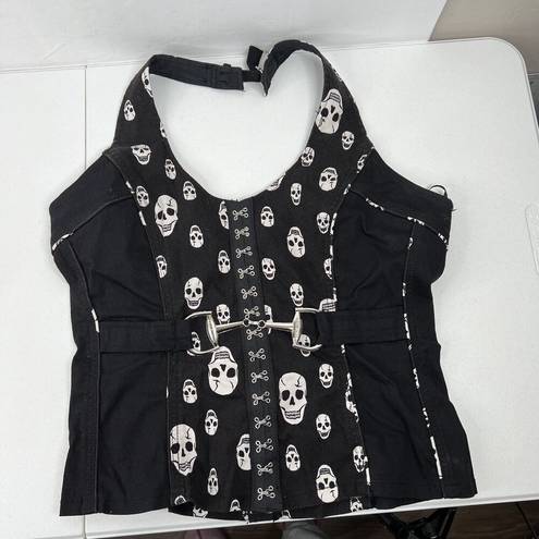 Royal Bones  Sz XXL Halter Top Skull Print Corset Bustier Vtg Horsebit Harness