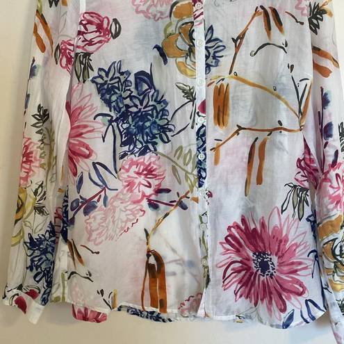 None Women’s White Floral Lightweight Silk & Cotton Button Down Shirt Size Large