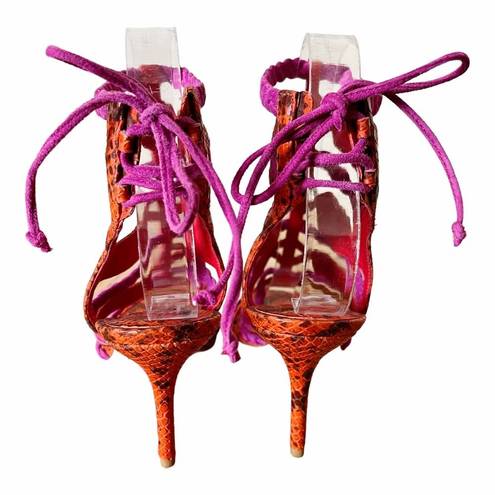 Brian Atwood  Felisa Sandals Mixed Media Strappy Braided Leather Orange Pink 7