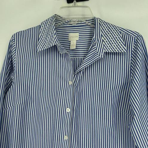 Chico's  1 Size M No Iron Button Front Tunic Top Blue Stripe Bedazzled Collar