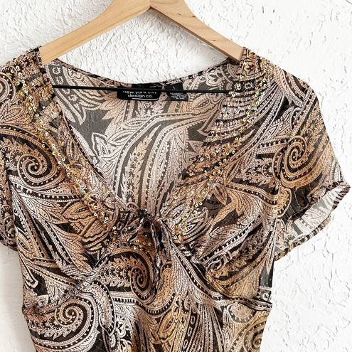 Sheer silk‎ blend tie front bohemian style beaded top size Large