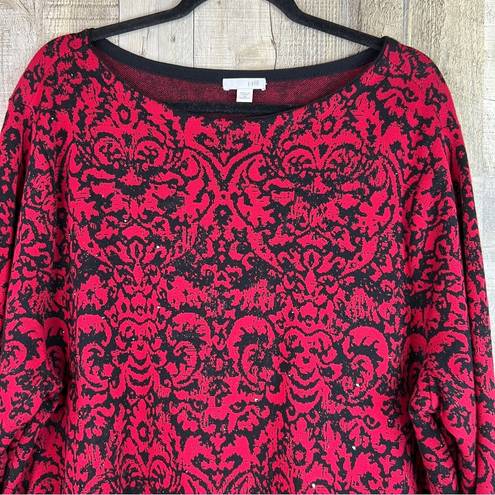 J.Jill  3X Red & Blaack Damask Print Rhinestone Long Sleeve Crewneck Sweater