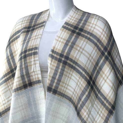 J.Jill  Womens One Size Poncho Sweater Wrap Plaid Acrylic Fringe Neutral Soft