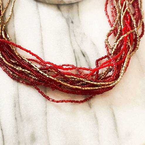 Coldwater Creek  Layered Seed Beaded Necklace - Red, Gold, Multilayer Boho Indie