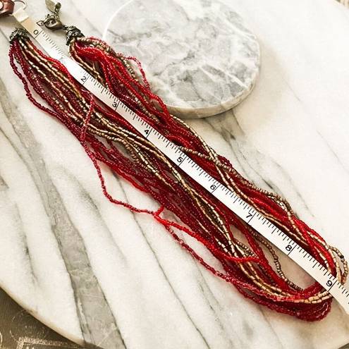 Coldwater Creek  Layered Seed Beaded Necklace - Red, Gold, Multilayer Boho Indie