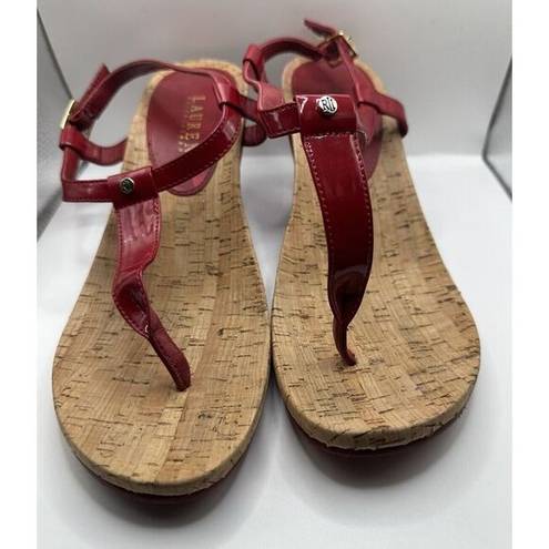 Ralph Lauren LAUREN  Rosalia Red T-Strap Wedge Cork Shoes Women's Size 9B