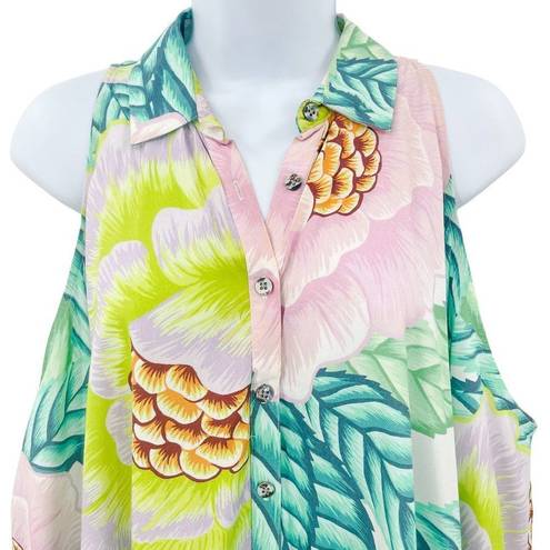 Mara Hoffman  Tropical Print Pastel Cold Shoulder Button Up Collared Shirt Top