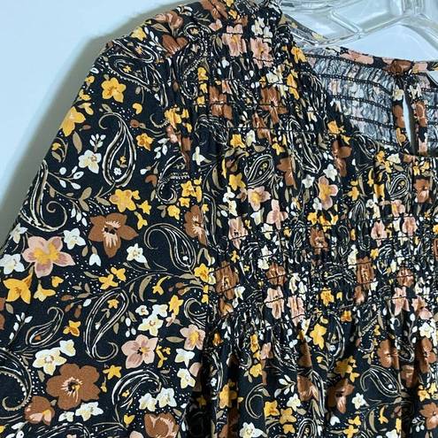 J.Jill  Petite Prairiecore Smocked Black Brown Floral Long Sleeve Blouse  SZ S