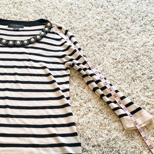 August Silk  vintage pearl striped 3/4 sleeve scoop neck pullover sweater small