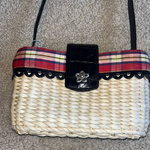 Brighton  straw plaid shoulder bag, long black leather strap, magnetic clasp