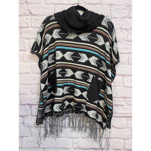 Double Zero  Boho Cowl Neck Poncho Sweater With Fringe Size M Wool Blend