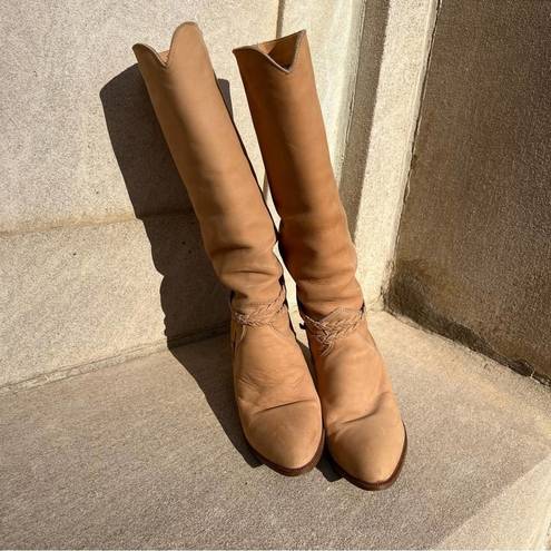 Dingo Vintage  80s high heeled suede yellow tan leather braid detail boots