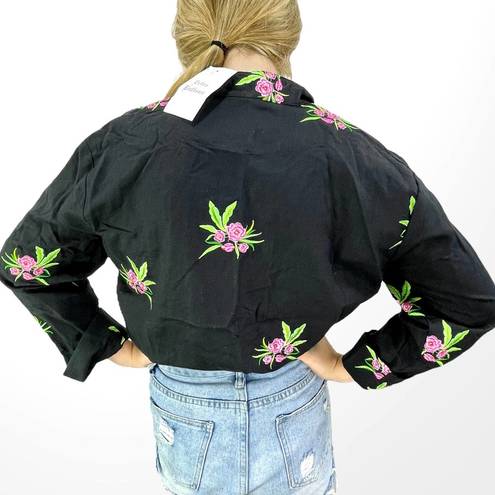 Coldwater Creek 00s  Vintage Black Pink Floral Embroidered Button Up