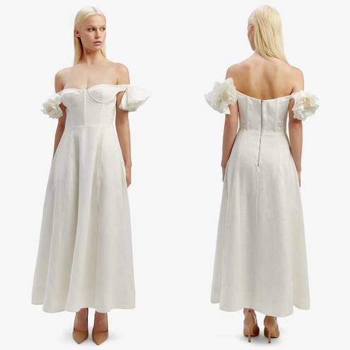 Bardot NWT  Sigma Linen Bustier Ruffle Sleeve Off the Shoulder Midi Dress US 10