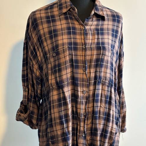 Max Studio Brown & Blue Long Sleeve Flannel Button Down Shirt Size L