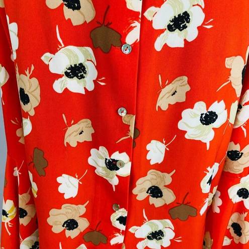 Carmen Marc Valvo  Orangey Red Happy Floral Print Bell Sleeve Women's 6 Top