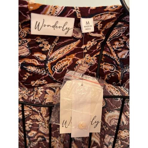 Wonderly  Floral Button Down Peasant Blouse Women’s Medium Boho Crinkle Rayon