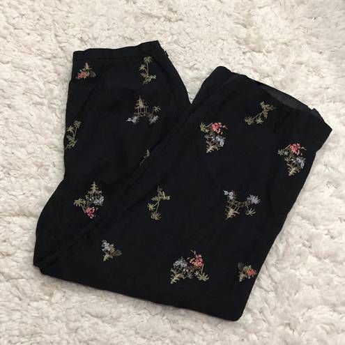 Talbots Embroidered Palm Trees Pagodas Silk Blend Cropped Pants Black 8