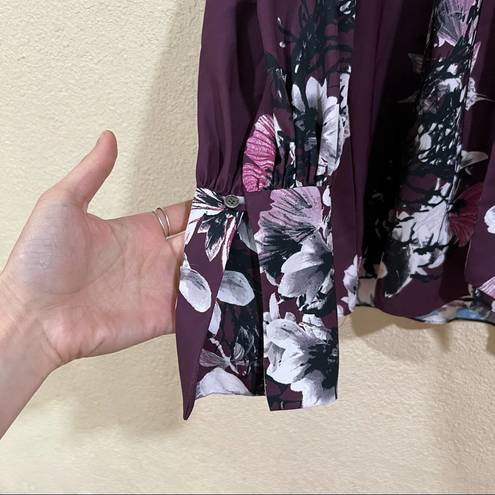 Natori  Purple Floral Neck Tie Button Down Blouse