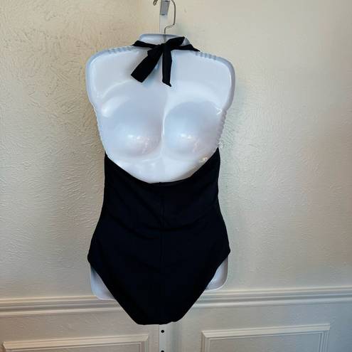 Bleu Rod Beattie  One-Piece Halter Swimsuit Deep V Ruched Slimming Black SZ 14